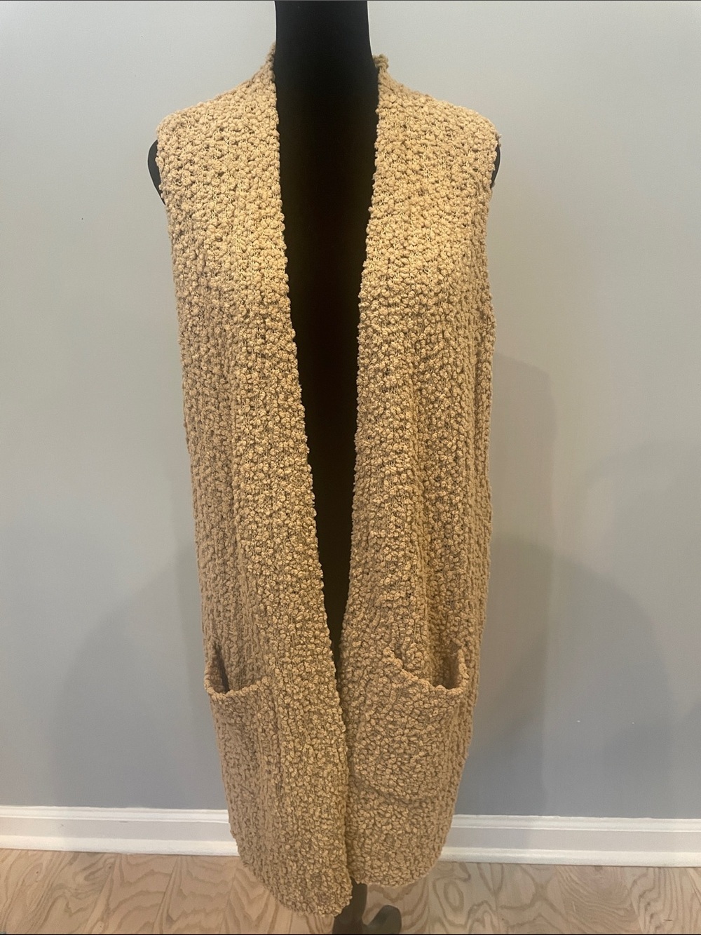 Cozy Open-Front Popcorn Knit open cardigan  - Tan with pockets